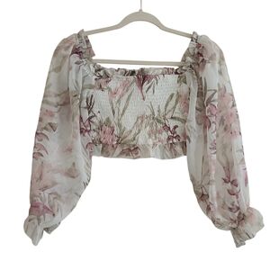THE SANG Smocked Crop Top Women's M Cream Floral Sheer Puff Sleeve Milkmaid